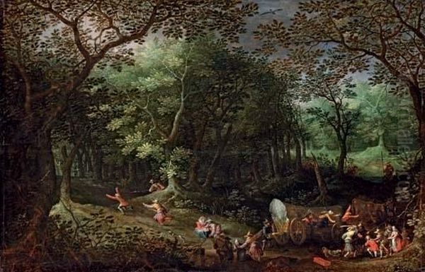A Wooded Landscape With Bandits Attacking Travellers In Wagons Oil Painting by David Vinckboons I