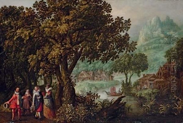 Elegant Company In A Wooded Landscape, With A Town On A Hill Beyond Oil Painting by David Vinckboons I