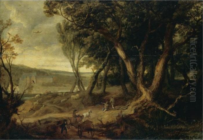 Landscape With A Waggoner, A 
Shepherd Resting His Flock And Other Figures Before The Chateau De 
Tervueren Oil Painting by David Vinckboons I