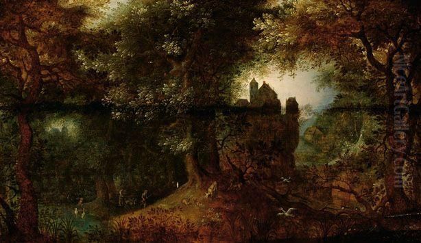 A Stag Hunt In A Forest Oil Painting by David Vinckboons I