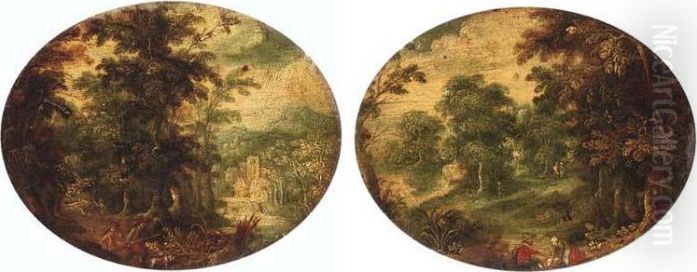 A Wooded Landscape With Two 
Hunters In The Foreground, A Castle On A Riverbank Beyond; And A Wooded 
Landscape With Travellers Resting In The Foreground Oil Painting by David Vinckboons I