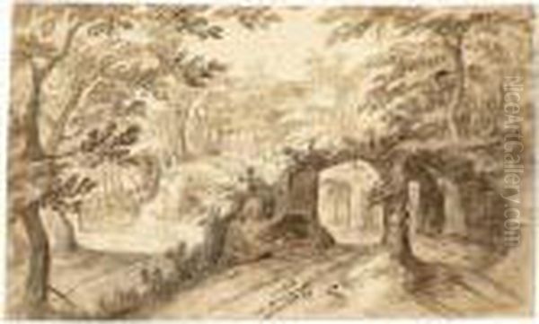 A Wild Wooded Landscape With A Road Through Arches Oil Painting by David Vinckboons I