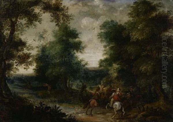 Reiteruberfall Im Wald. Oil Painting by David Vinckboons I