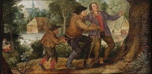 Zwei Bauern Und Ein
 Taschendieb Oil Painting by David Vinckboons I