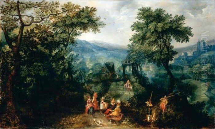 An Extensive Landscape With 
Elegant Figures Shooting And Promenading Beside A River, A Village And 
Chteau Beyond Oil Painting by David Vinckboons I