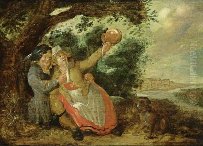 An Amorous Couple Drinking Under
 A Tree In A Landscape Together With A Dog, A View Of A River And A Town
 Beyond Oil Painting by David Vinckboons I