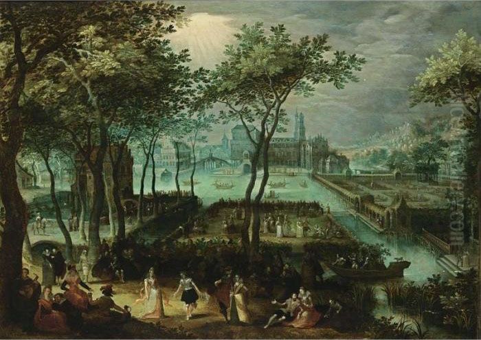 An Extensive View Of A Palace 
Garden With Elegant Figures Dancing And Making Music In The Foreground 
And Boats On Moats, With The Palace And Bridges In The Background Oil Painting by David Vinckboons I