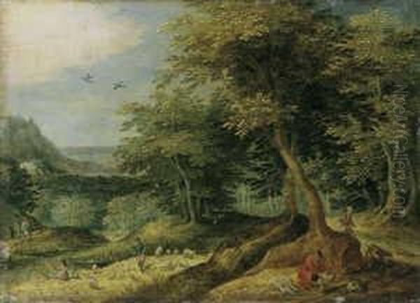 Bewaldete Landschaft Mit Figurenstaffage. Oil Painting by David Vinckboons I