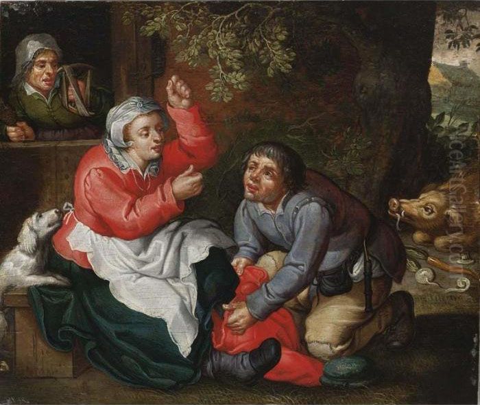 A Peasant Couple Together With A Pig And A Dog Near A House With A Spinster In A Door Oil Painting by David Vinckboons I