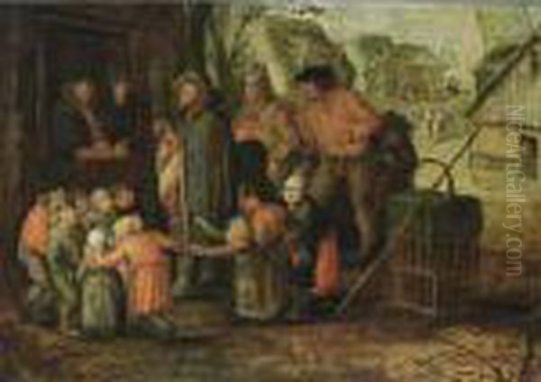 A Blind Hurdy-gurdy Player 
Surrounded By Children And Peasants Near A Door, With A Man Being 
Pick-pocketed, A Village Street In The Background Oil Painting by David Vinckboons I