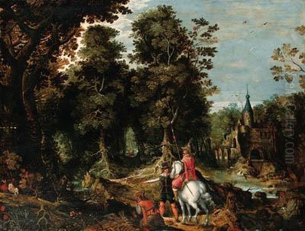A Wooded River Landscape With Sportsmen Near A Castle Oil Painting by David Vinckboons I
