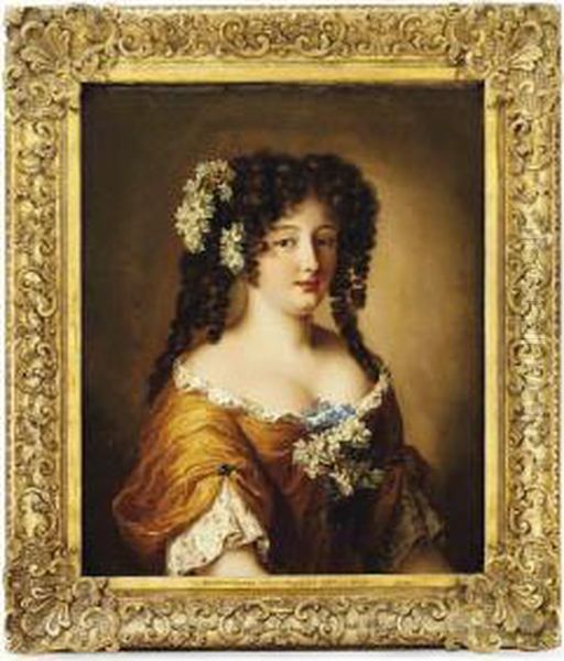 Portrait Of Diane Gabrielle De 
Thianges Mancini (?-1715),bust-length, In An Ochre Silk Dress With 
Flowers In Her Hair Oil Painting by Jacob Ferdinand Voet