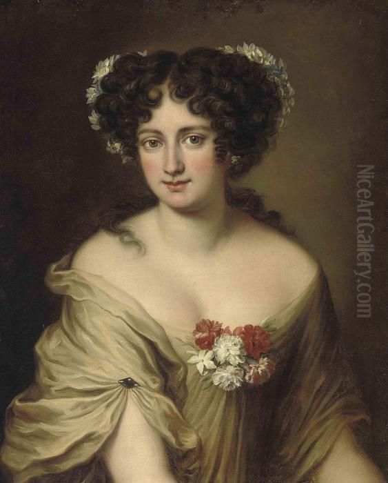 Portrait Of Contessa Ortensia 
Ianni Stella, Bust-length, In Anivory Chemise, With Flowers In Her Hair Oil Painting by Jacob Ferdinand Voet