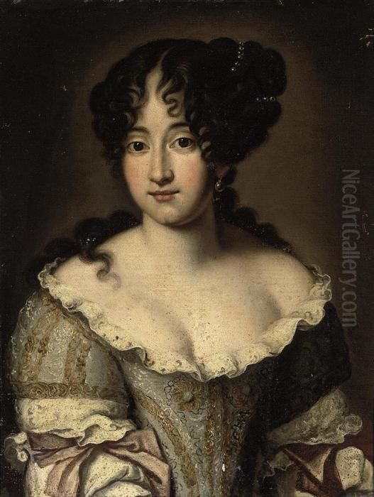 Portrait Of A Lady, Half-length,
 In An Embroidered Pale Blue Andwhite Dress With Lace Trimming Oil Painting by Jacob Ferdinand Voet