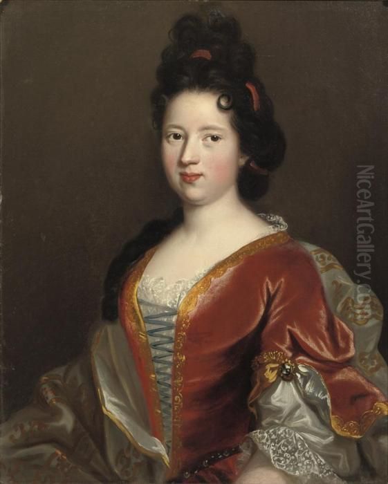 Portrait Of A Young Lady, 
Half-length, In A Gold Embroidered Redvelvet Dress And White Chemise Oil Painting by Jacob Ferdinand Voet