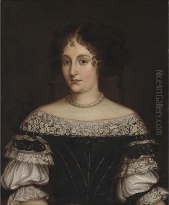 Portrait Of A Lady, Half Length,
 Wearing A Black-and-white Dress With A Lace Trim And Pearl Necklace Oil Painting by Jacob Ferdinand Voet
