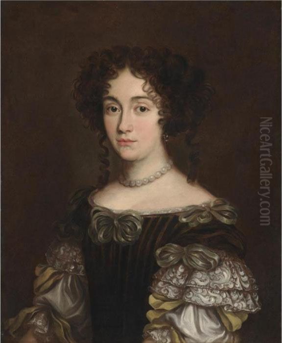 Portrait Of A Lady, Half Length, Wearing A Ribboned Dress And A Pearl Necklace Oil Painting by Jacob Ferdinand Voet