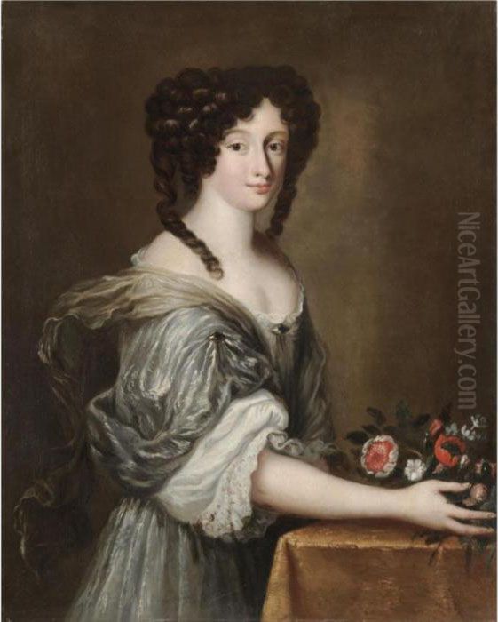 Portrait Of A Lady, Half Length,
 Wearing A White Silk Dress And Holding A Bouquet Of Flowers Oil Painting by Jacob Ferdinand Voet