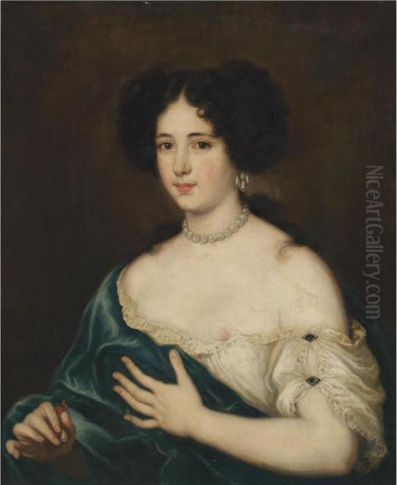 Portrait Of A Lady, Half Length,
 Holding An Earring And Revealing Her Left Breast, Possibly Maria 
Mancini As Cleopatra (?) Oil Painting by Jacob Ferdinand Voet