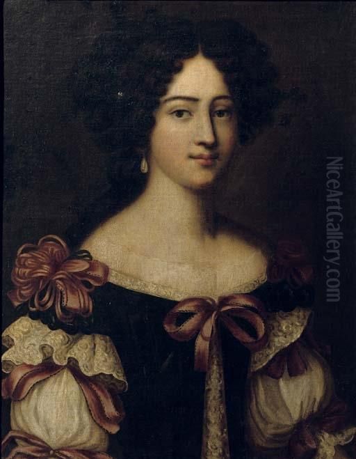 Portrait Of A Lady, Said To Be 
One Of The Mancini Sisters, Half-length, In A Blue Dress With A White 
Chemise, Decorated Wit Red Ribbons Oil Painting by Jacob Ferdinand Voet