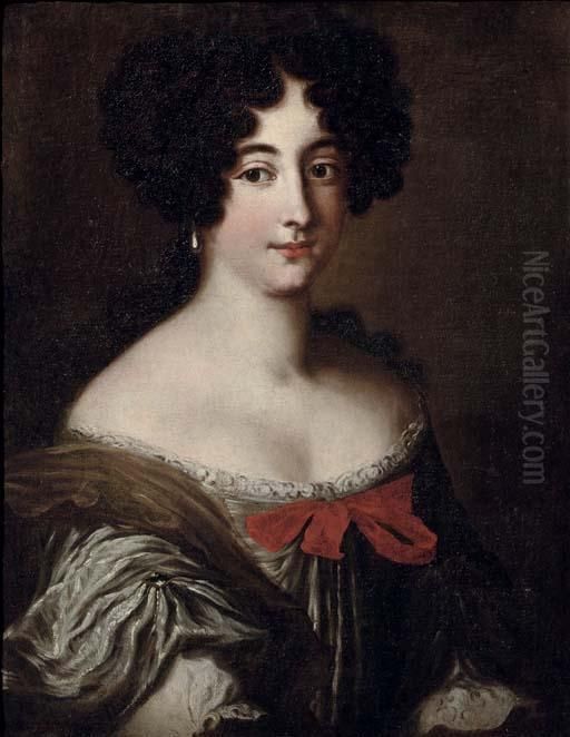 Portrait Of A Lady, Said To Be 
One Of The Mancini Sisters, Half-length, In A Silver Dress With A Brown 
Wrap, Decorated With A Red Ribbon Oil Painting by Jacob Ferdinand Voet