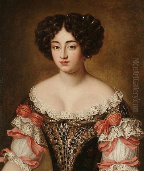 Portrait Of Maria Mancini, 
Bust-length, In A Brown Embroidered Dress With Lace Trim And Pink Bows Oil Painting by Jacob Ferdinand Voet