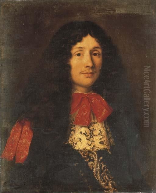 Portrait Of A Gentleman, 
Bust-length, In A Black And Goldembroidered Coat With White Lace Collar 
And Red Ribbon Oil Painting by Jacob Ferdinand Voet