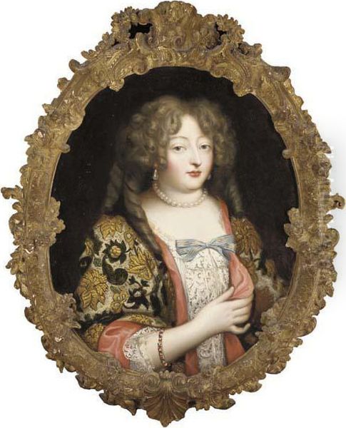 Portrait Of A Lady, Half-length,
 In Pearl Drop Earrings, A Pearl Necklace And A Lace Dress With A Blue 
Bow And A Brocade Wrap Oil Painting by Jacob Ferdinand Voet