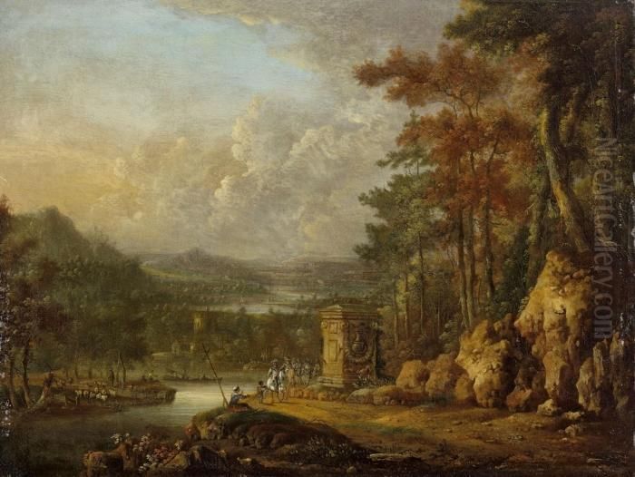 Weite Flusslandschaft Mitantikisierendem Monument Und Reitern Oil Painting by Johann Christian Vollerdt or Vollaert