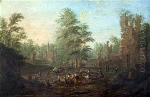 Figures And Horseriders In A Landscape With A Town Beyond Oil Painting by Johann Christian Vollerdt or Vollaert