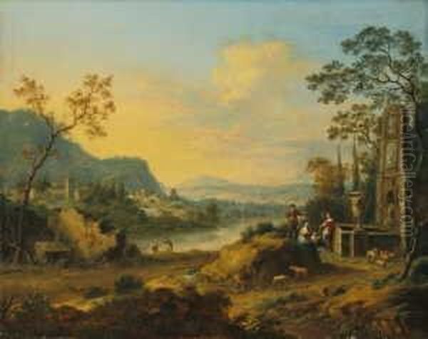 Italienische Flusslandschaft Mit
 Hirtenfamilie An Einem Antikisierenden Brunnen. Signiert Und Datiert 
Unten Links: Vollerdt P. 1758. Ol Auf Leinwand (doubliert). H 48,5; B 62
 Cm. Oil Painting by Johann Christian Vollerdt or Vollaert