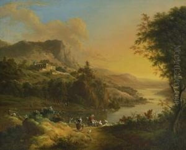 Flusslandschaft Im
 Abendlicht. Oil Painting by Johann Christian Vollerdt or Vollaert