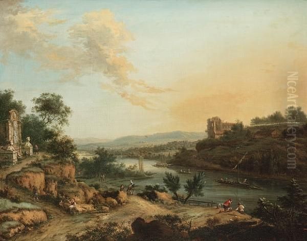 A Rhenish River Landscape With 
Travellers On A Track, Anglers On A Bank And A Monument Nearby Oil Painting by Johann Christian Vollerdt or Vollaert