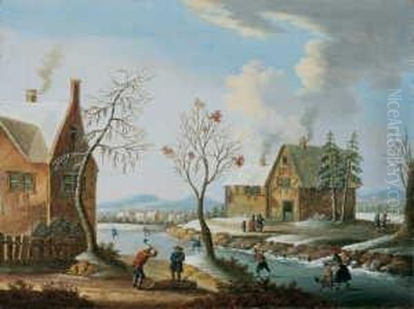 Umkreis Winterlandschaft Mit 
Eislaufern Und Holzfallern. Ol Auf Leinwand . H 23,3; B 31 Cm Oil Painting by Johann Christian Vollerdt or Vollaert