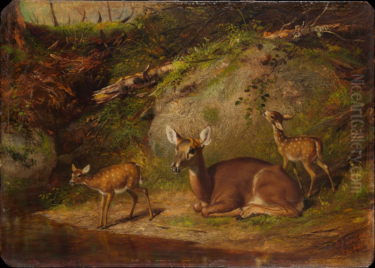 Doe and Two Fawns Oil Painting by Arthur Fitzwilliam Tait