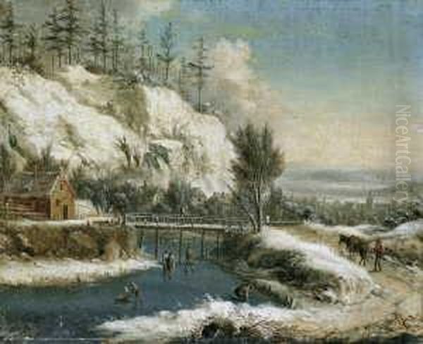 Winterlandschaft Mit Eislaufern.
 Signiert Unten Links: Vollerd. Verso (auf Dem Keilrahmen) Bezeichnet: 
Vollaerdt. Ol Auf Leinwand. H 21; B 26 Cm. Oil Painting by Johann Christian Vollerdt or Vollaert
