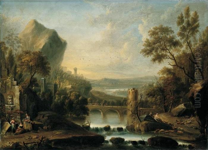 An Extensive Rhenish River 
Landscape With A Peasant Family Resting By A Path In The Foreground Oil Painting by Johann Christian Vollerdt or Vollaert