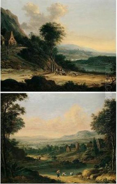 A Rhenish River Landscape With 
Figures On A Path Before A Cottage, Travellers Resting Beneath A Tree In
 The Foreground Oil Painting by Johann Christian Vollerdt or Vollaert