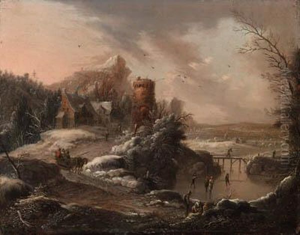 A Winter Landscape With 
Travellers On A Path And Skaters On Ariver, A Town And Houses Nearby Oil Painting by Johann Christian Vollerdt or Vollaert