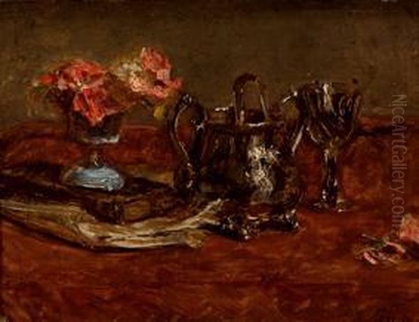 Mesa Con Rosas En Un Jarron Azul Oil Painting by Antoine Vollon
