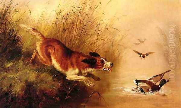 Spaniel Chasing Ducks Oil Painting by Arthur Fitzwilliam Tait