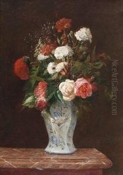 Stillleben Mit Rosen Und Nelken In
 Porzellanvase. Oil Painting by Antoine Vollon