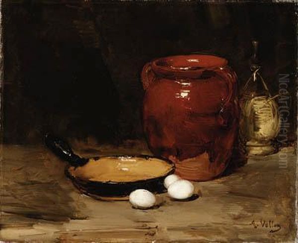 Still Life With A Pan, A Jug, A Bottle And Eggs On A Table
Signed 'a. Vollon' (lower Right) Oil Painting by Antoine Vollon