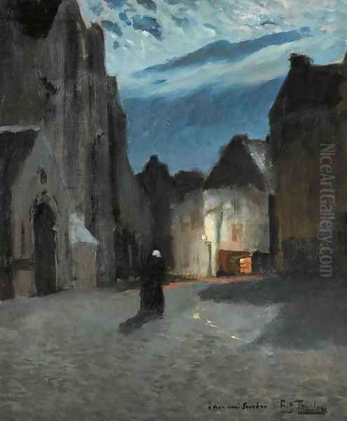 Town by Moonlight (Landsby i m&aring;neskinn) Oil Painting by Fritz Thaulow