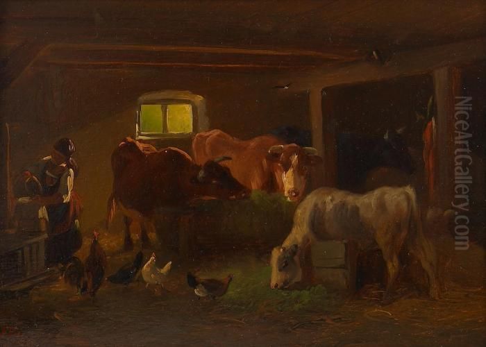 Vieh Im Stall Oil Painting by Friedrich Johann Voltz