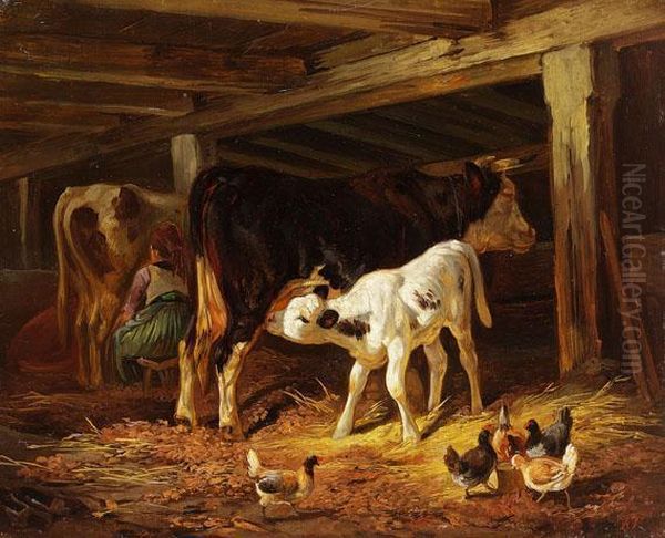 Im Stall Oil Painting by Friedrich Johann Voltz