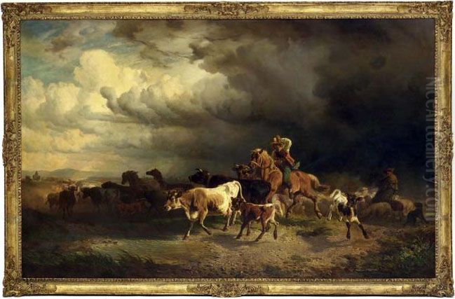 Rising Storm - Herdsmen With Their Herd Fleeing Before The Storm Oil Painting by Friedrich Johann Voltz