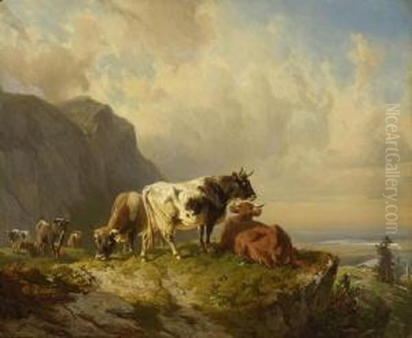 Kuhe Auf Einem
 Felsvorsprung. Oil Painting by Friedrich Johann Voltz