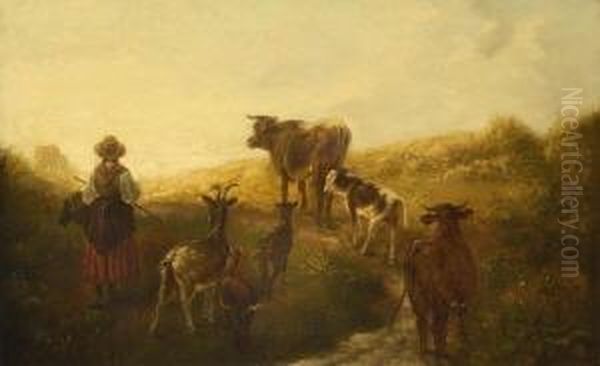 Hirtin Mit Vieh Auf Dem
 Heimweg. Oil Painting by Friedrich Johann Voltz