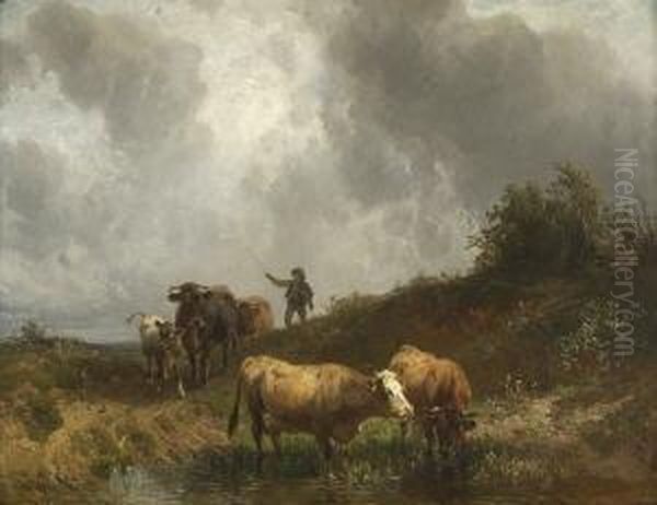 Huterjunge Mit Kuhen Am
 Wassertumpel. Oil Painting by Friedrich Johann Voltz
